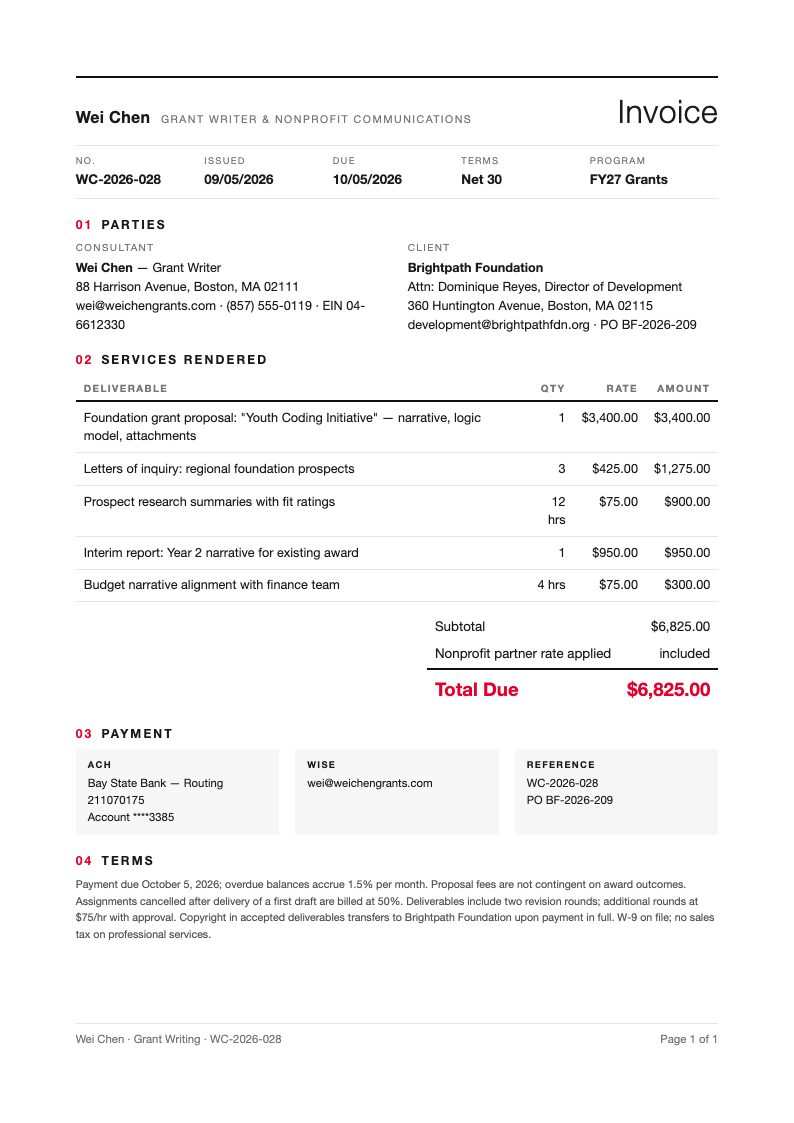 Minimalist grid freelance writer invoice